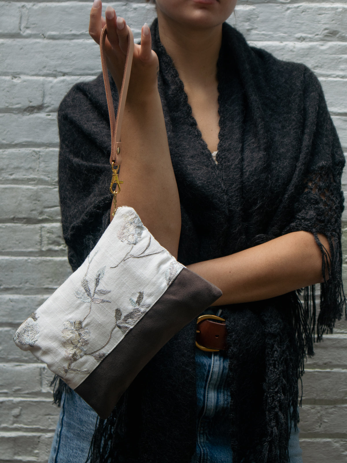 Winona Embroidered Linen Wristlet