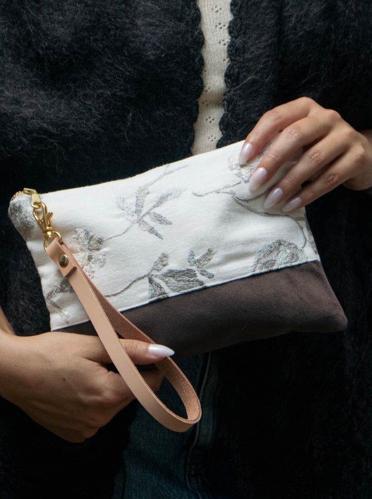Winona Embroidered Linen Wristlet